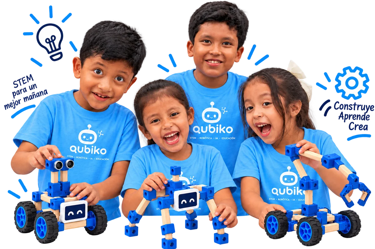 Cuatro niñas y niños con camisetas de Qubiko sonríen mientras arman robots de tarugos de madera del kit Qubiko